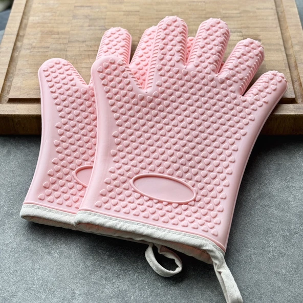Silikon Fırın Eldiveni - Çift - Beş Parmaklı - Pembe