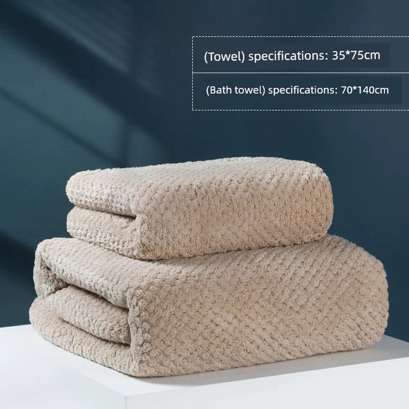 Kadın Pamuklu Hızlı Kuruyan Üç Parça Banyo Havlu Seti - Kahverengi Havlu + Banyo Havlusu 140x70cm