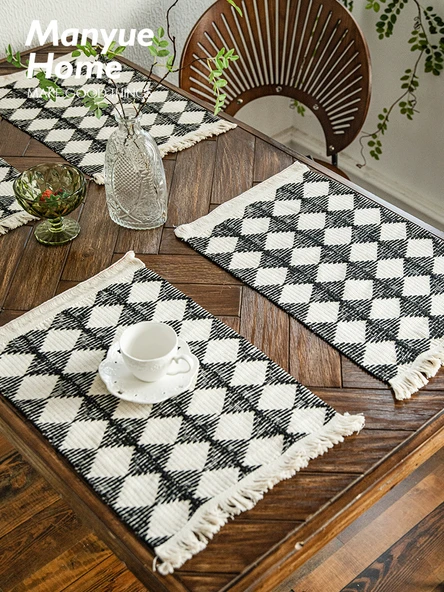 İskandinav Retro Siyah Beyaz Ekose Pamuklu Keten Masa Örtüsü - Siyah Kare - 35x180cm - 5