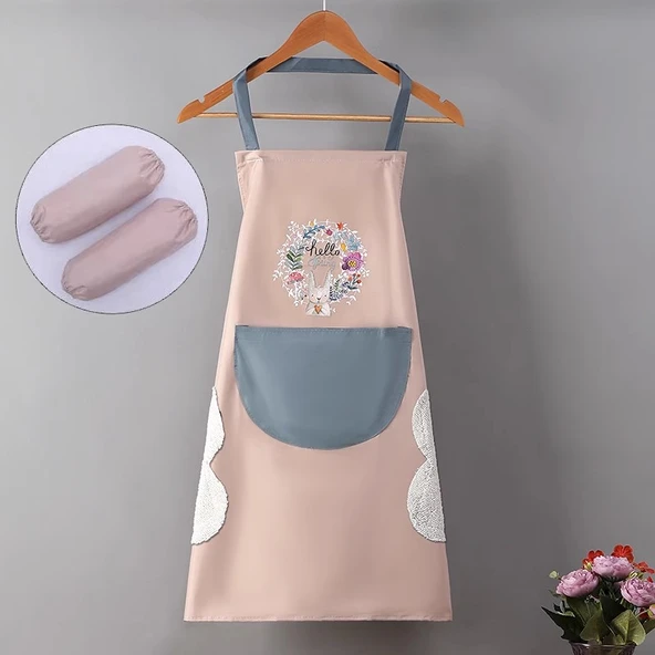 Japon Tarzı Su Geçirmez Yağ Tutmaz Mutfak Önlüğü - El Silme Tavşan [Duman Pudra + Kolluk]