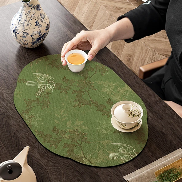 Çin Tarzı Diatomlu Çamur Çay Matı - Yaprak Dökümü - 25x50cm (Kaymaz Tabanlı)