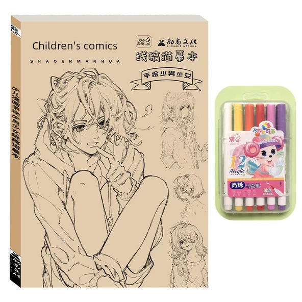 Çizgi Roman Karakter Çizim Kitabı - Çocuk Çizgi Film Desenli Erkek ve Kız + 12 Renkli Markör