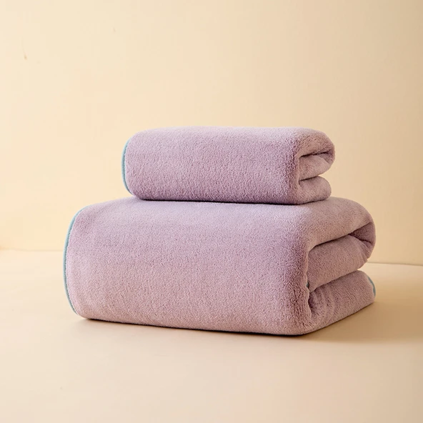 Yüksek Yoğunluklu Mercan Kadife Havlu Seti - Mor - 35x75cm Havlu + 70x140cm Banyo Havlusu