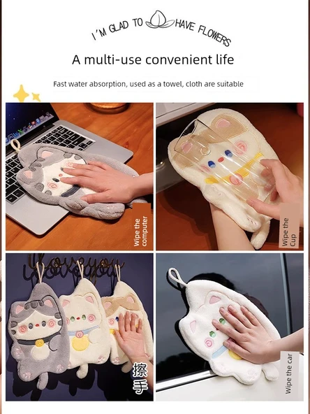 Sevimli Yavru Kedi Desenli El Havlusu - Haki, Gri ve Beyaz 3'lü Paket - 3