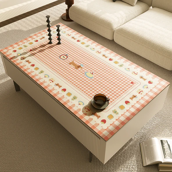 Pembe Kafes Desenli Kolay Katlanır Masa Örtüsü - 50x120cm