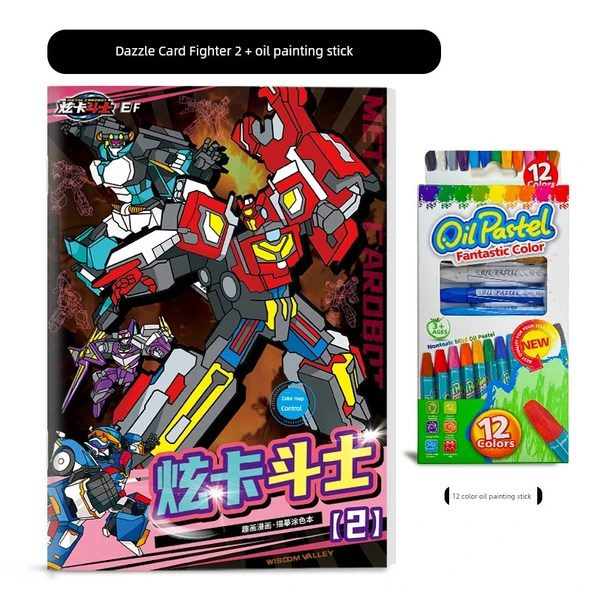 Robot Boyama Kitabı - 1 Adet Parıltılı Kart Savaşçısı ② + Yağlı Boya Çubuğu