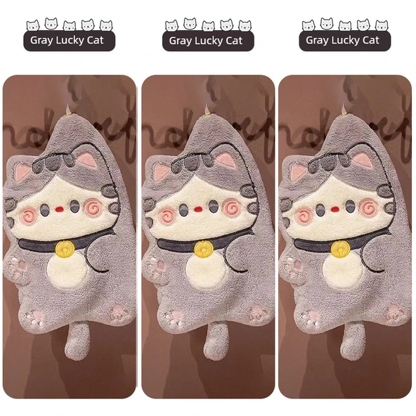 Sevimli Yavru Kedi Desenli El Havlusu - Gri 3'lü Paket
