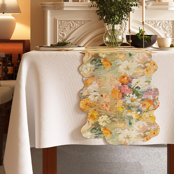 Amerikan Pastoral Dantel Masa Örtüsü - Sonbahar Galerisi Desenli - Dört Tarafı Çiçekli - 35x140cm