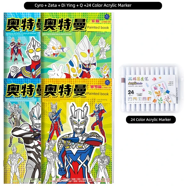 Ultraman Boyama Kitabı - Cerro + Degas + Zeta + Q Versiyon ve 24 Renkli Keçe Kalem