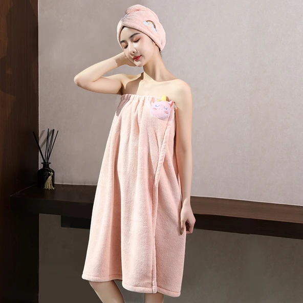 Straplez Pamuklu Banyo Havlu Elbisesi - Alice Banyo Eteği 2'li Rüya Atı Tozu (Banyo Eteği + Saç Kurutma Bonesi) 150x85cm