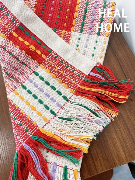 Kırmızı Beyaz Ekose Pamuklu Masa Örtüsü - Püsküllü 32x120cm - 6