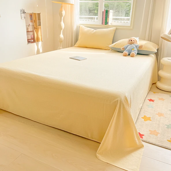 Vakumlu Pamuklu Yatak Çarşafı - Süt Sarısı 3 Parça Set 230x250cm