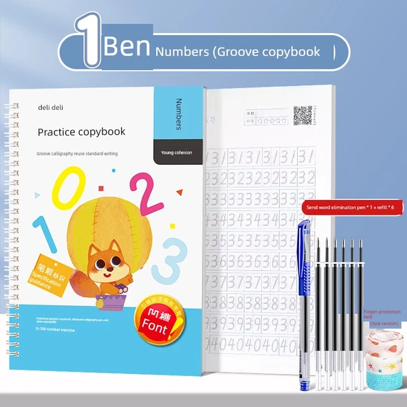 Çocuklar için Hat Yazısı Alıştırma Kitabı - 0-100 Sayılar, Kalem + 6 Yedek + Parmak Koruyucu
