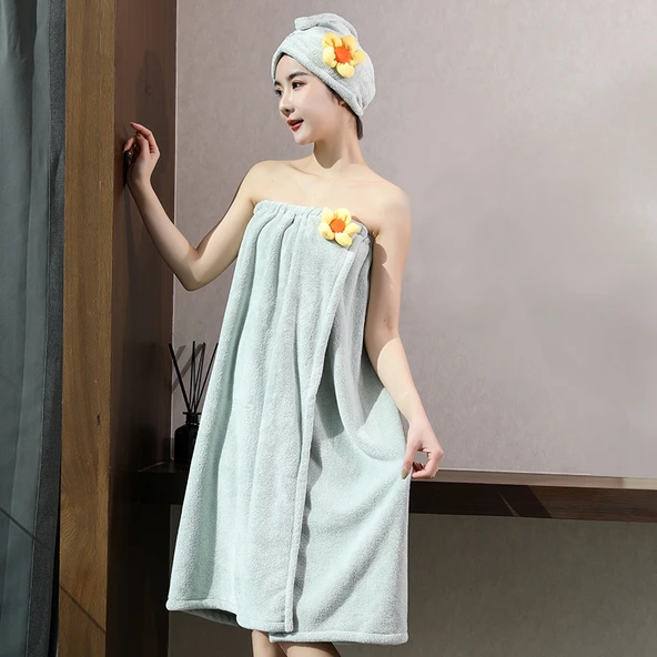 Straplez Pamuklu Banyo Havlu Elbisesi - Alice Banyo Eteği 2'li Çiçek Yeşil (Banyo Eteği + Saç Bonesi) 150x85cm