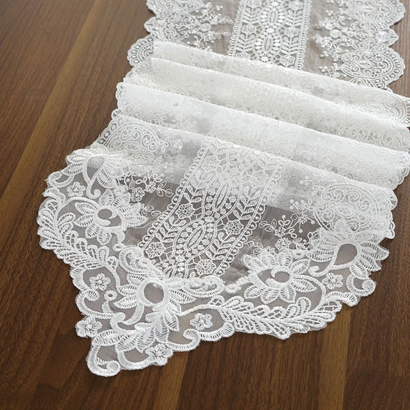 Kore Dantel Masa Örtüsü - Beyaz - 30x210cm