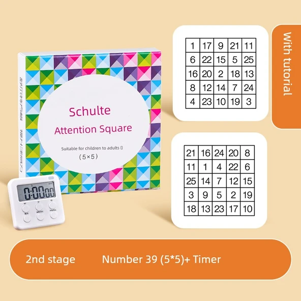 Schulte Izgara Konsantrasyon Kartı - 2. Aşama Sayı 39 (5*5) + Yükseltme Zamanlayıcısı + Eğitim