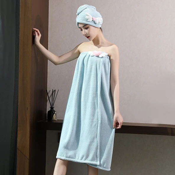 Straplez Pamuklu Banyo Havlu Elbisesi - Alice Banyo Eteği 2'li Melek Mavi (Banyo Eteği + Saç Bonesi) 150x85cm