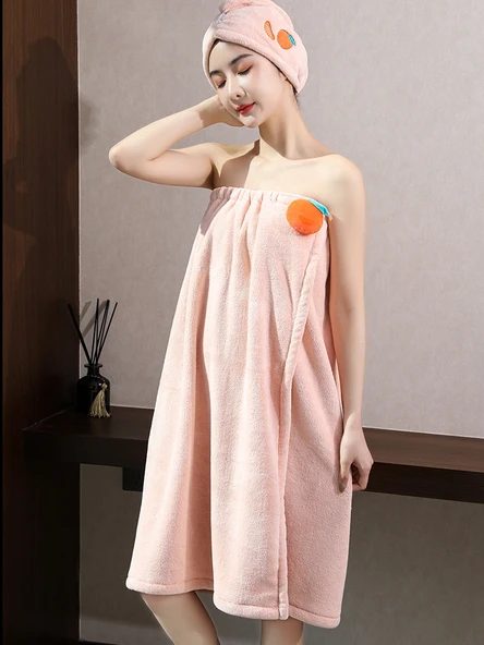Straplez Pamuklu Banyo Havlu Elbisesi - Değerli 2'li Set (Çiçek Tozu Alice Banyo Eteği + Saf Pamuklu Banyo Havlusu 1) 150x85cm - 6
