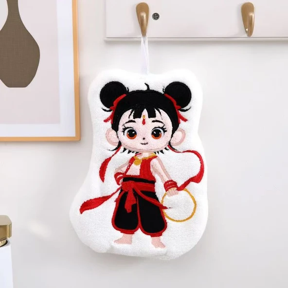 Nezha Sihirli Çocuk Mercan Polar Çocuk El Havlusu - Beyaz - 20x22cm