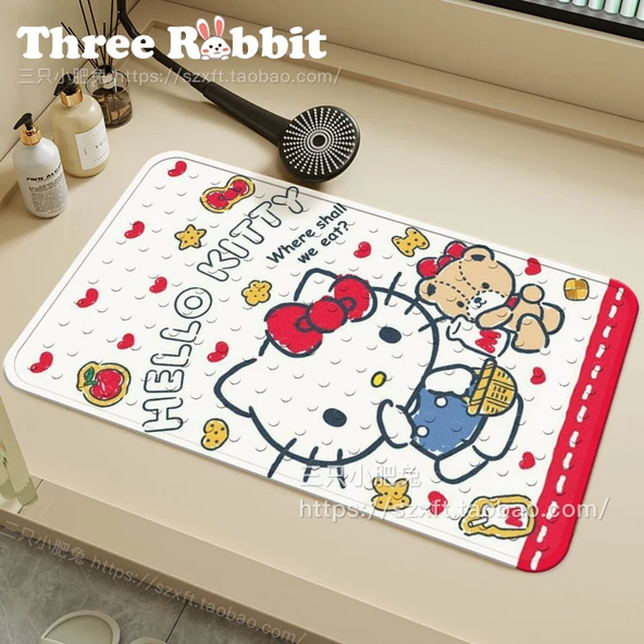 Hello Kitty Desenli Kaymaz Banyo Halısı - 50x80 cm - Çiçekli Büyüteçli Hello Kitty - 6