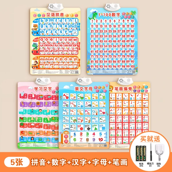 Çince Pinyin Duvar Tablosu - Pinyin + Vuruşlar + Sayılar + Harfler + Çince Karakterler (5 Sayfa)