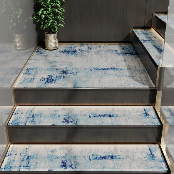 Bambu Pamuklu Kauçuk Tabanlı Merdiven Halısı - Huai Blue 30x85cm