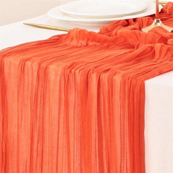 Fransız Stil Şamfra Gazlı Masa Örtüsü - Parlak Turuncu - 90x300cm