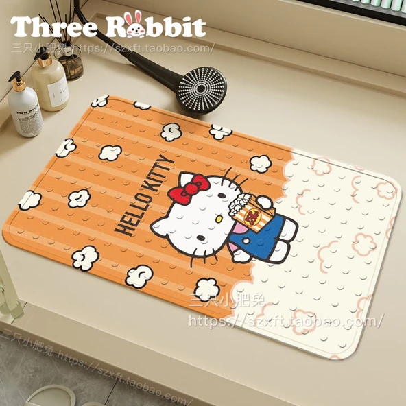 Hello Kitty Desenli Kaymaz Banyo Halısı - 50x80 cm - Çiçekli Büyüteçli Hello Kitty - 7