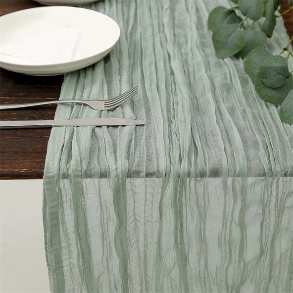 Fransız Stil Şamfra Gazlı Masa Örtüsü - Açık Yeşil - 90x300cm