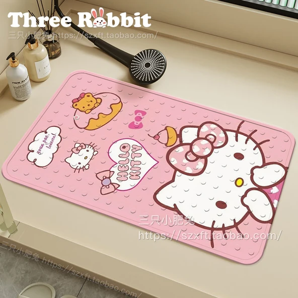 Hello Kitty Desenli Kaymaz Banyo Halısı - 50x80 cm - Çiçekli Büyüteçli Hello Kitty - 2