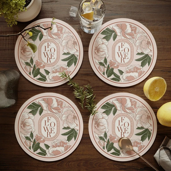 Amerikan Lüks Deri Bardak Altlığı - Neoklasik Çiçekli 5 - 17cm - 4'lü Set