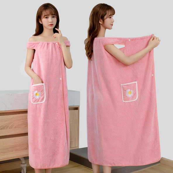 Pembe Ayçiçeği Desenli Banyo Eteği ve Saç Bonesi Seti - 7A Antibakteriyel Havlu 130x100cm
