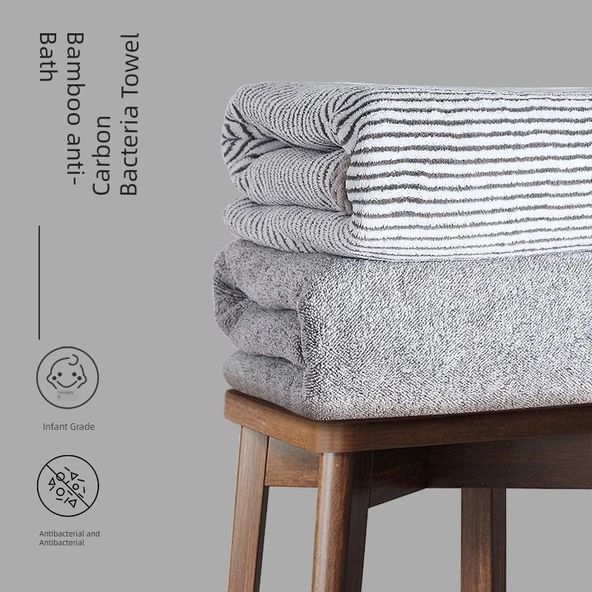 Bambu Kömürü Çizgili Banyo ve Yüz Havlusu Seti 70x140cm - 2