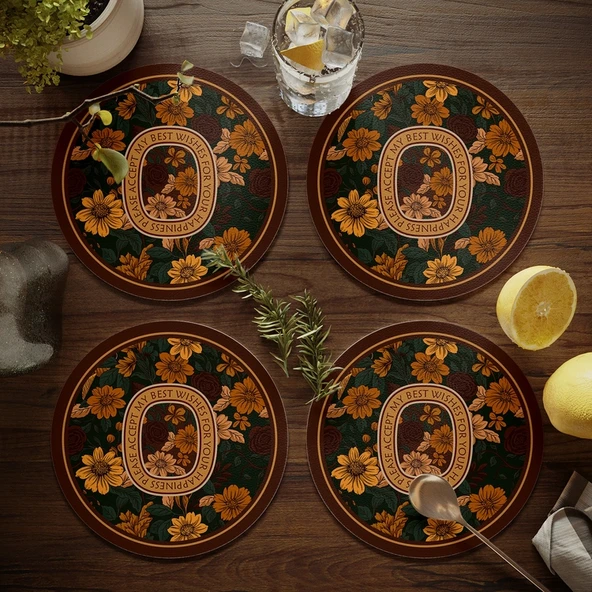 Amerikan Lüks Deri Bardak Altlığı - Yeni Klasik Çiçekli 3 - 17cm - 4'lü Set