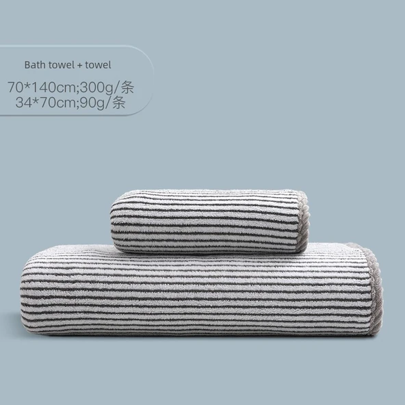 Bambu Kömürü Çizgili Banyo ve Yüz Havlusu Seti 70x140cm