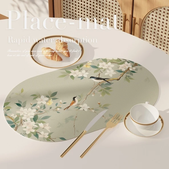 Oval Deri Amerikan Servis - Çiçek ve Kuş Desenli 105 - 30x50cm - 11