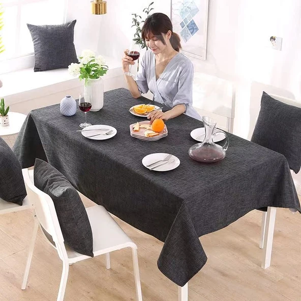 Nordik Pamuklu Keten Su Geçirmez Masa Örtüsü - Koyu Gri 100cm x 140cm