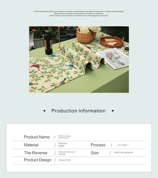 Çin Tarzı Çiçek ve Kuş Desenli Masa Örtüsü - 33x220cm - Resim 10