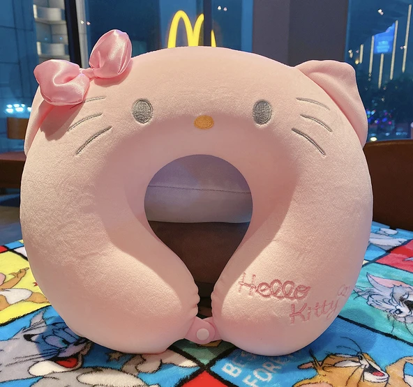 Kt Kedi Desenli U Şekilli Boyun Yastığı - Hafızalı Pamuk, Çıkarılabilir ve Yıkanabilir