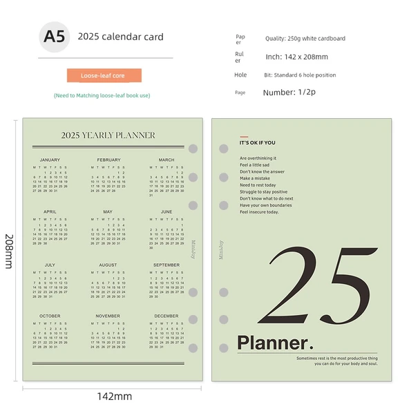 2025 Takvim Kartı Planlayıcı Yedek Defter - [A5]