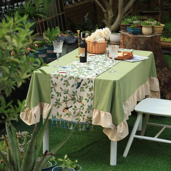Çin Tarzı Çiçek ve Kuş Desenli Masa Örtüsü - 33x220cm - Resim 2