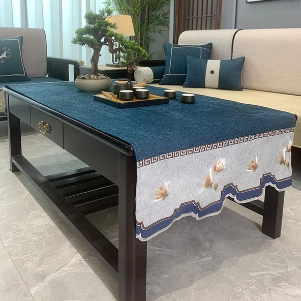 Çin Tarzı Çay Masa Örtüsü - Orkideli Tanxin Mavi 60x180cm