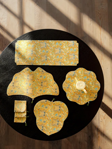 Çin Tarzı Yüzen Altın Ginkgo Yaprağı Nakışlı Çay Altlığı - Yüzen Altın Bardak Altlığı Seti * 6 - Resim 2