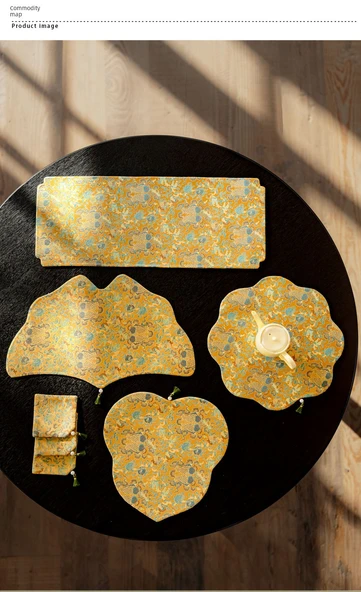 Çin Tarzı Yüzen Altın Ginkgo Yaprağı Nakışlı Çay Altlığı - Yüzen Altın Bardak Altlığı Seti * 6 - Resim 9