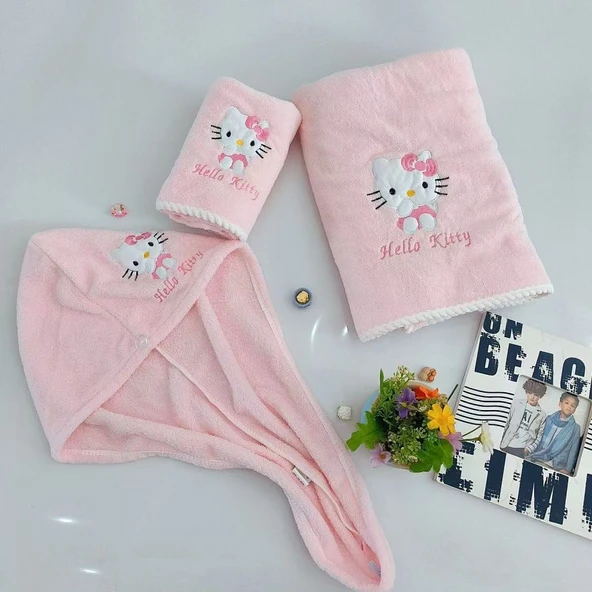 Pembe KT Kedi Havlu + Banyo Havlusu + Saç Kurutma Bonesi Seti