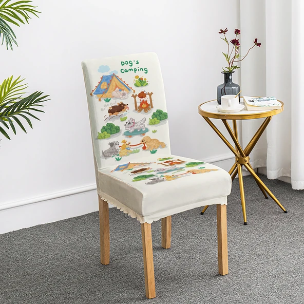 Çizgi Film Minimalist Köpek Kedi Sandalye Kılıfı - Kamp Yapan Köpekler Desenli