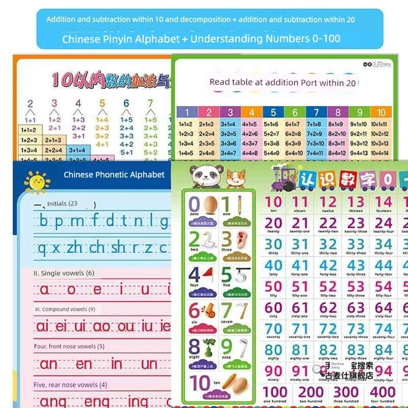 Su Geçirmez Çocuk Matematik Öğrenme Tablosu - 10'a Kadar Toplama, Çıkarma ve Ayrıştırma + 20'ye Kadar Toplama Çıkarma + Pinyin + 0-100 Sayıları