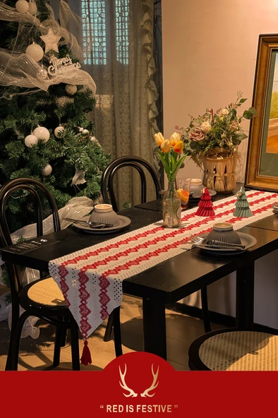 Fransız Tarzı Kalp Desenli Masa Örtüsü - Kırmızı Kalp Köşeli - 30x220cm - Resim 9