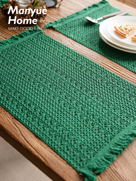 Retro Fransız Stil Dokuma Amerikan Servisi - Yeşil Pirinç 32x50cm (2 Adet) - 4