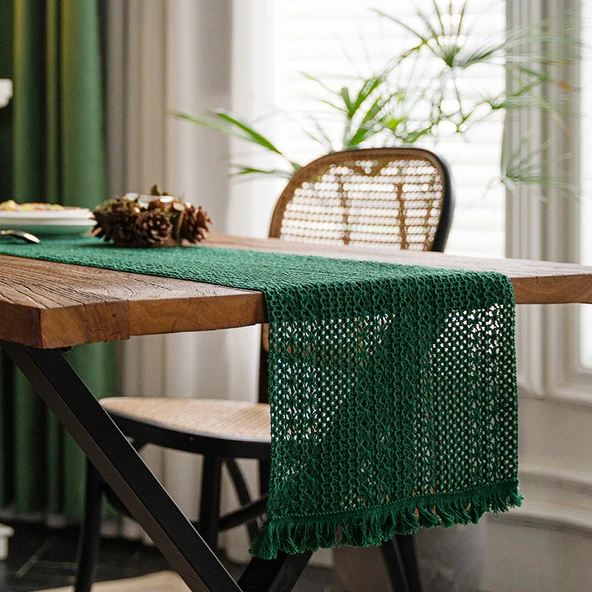Retro Fransız Stil Dokuma Masa Örtüsü - Yeşil Pirinç 32x160cm